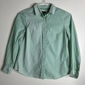 Talbots Womens Green & White Striped Button Up Collared Shirt Mint Size XSP